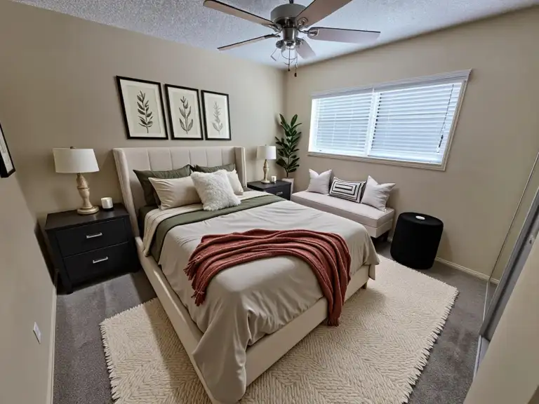One bedroom with bed and furniture (virtually staged)